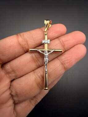 14K Two Tone Gold Hollow Round Tube Crucufix (25X50mm)
